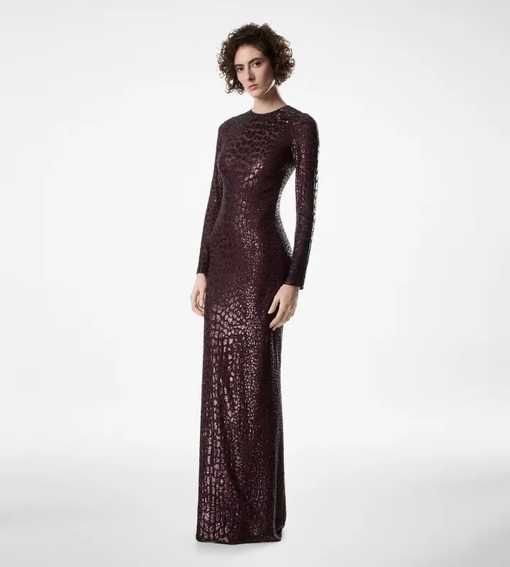 EMBROIDERED CROC EFFECT LONG SLEEVE EVENING DRESS BURGUNDY online